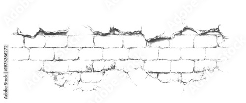 Cracked white brick wall with peeling plaster and visible mortar lines in grayscale