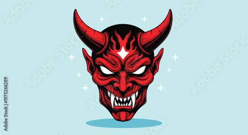 Scary Red Devil Face with Horns and Sharp Teeth Illustration.