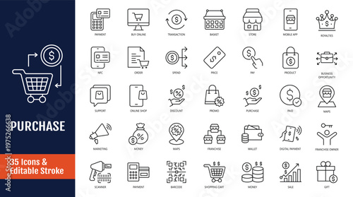 Purchase icon set. Icons related to buy, pay, order, shop, price, payment, product, receipt and more. Outline icon with Editable stroke. Vector illustration 