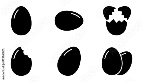 Minimalist egg icon set, black silhouette chicken eggs collection, 6 vector elements including cracked and broken eggshells for food packaging design