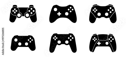 Video game controller icon set, black gamepad vector silhouettes, collection of 6 gaming console joysticks for esports and digital entertainment