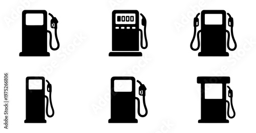 Gas station pump icons set, black fuel dispenser vector silhouettes, 6 petrol station symbols for transportation and energy infographics