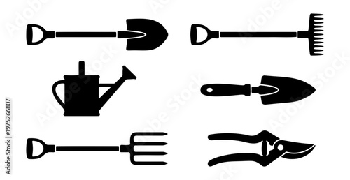 Black gardening tool silhouettes, set of 6 garden equipment icons, minimalist shovel and rake vector elements for landscaping and horticulture