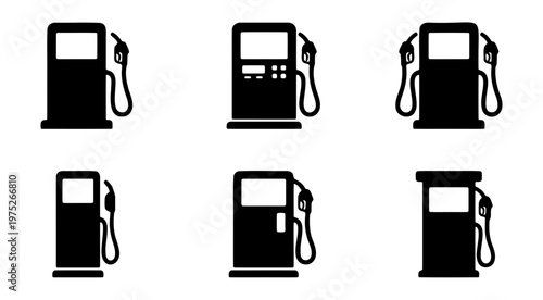 Gas station pump icons set, 6 black vector fuel dispenser silhouettes, petrol station nozzle symbols for automotive and transportation design