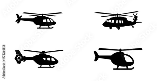 Black helicopter silhouette icons set, 4 vector aircraft symbols, military and civilian chopper transport signs for aviation design