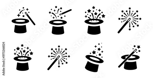 Magic wand and top hat icons, set of 8 black vector symbols, magician performance elements with sparkling stars and magical dust effects