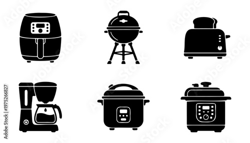 Kitchen appliance icon set, black silhouette kitchenware collection, 6 vector elements including air fryer, coffee maker, toaster, and multicooker