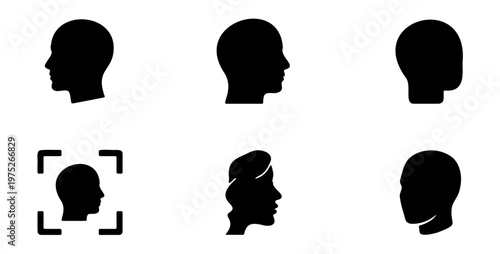 Human head silhouette icon set, 6 black profile vector elements, minimalist face and skull outlines for identity and recognition design