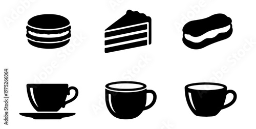 Minimalist bakery and coffee icons set, black silhouette dessert and cafe symbols, 6 vector elements for restaurant menus and signage