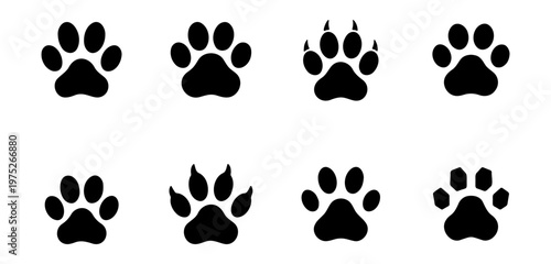 Animal paw print silhouettes, set of 8 black vector icons, dog and cat footprint stamps, wild animal track symbols for pet branding