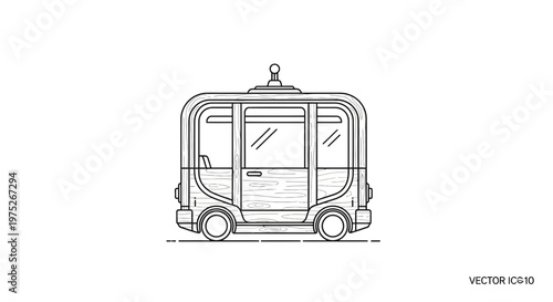 Futuristic Autonomous Shuttle Bus, Self-Driving Pod Vehicle, Line Art Illustration
