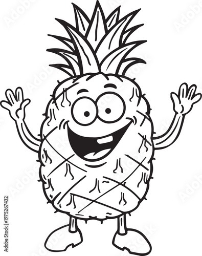 Funny pineapple character with happy face line art transparent style.