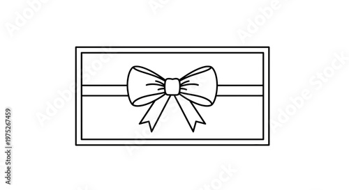 Gift Card with Bow and Ribbon, Simple Line Art, Isolated on White Background