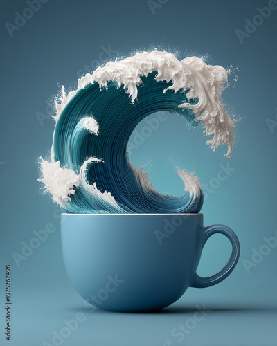 an ocean wave rising from a coffee cup