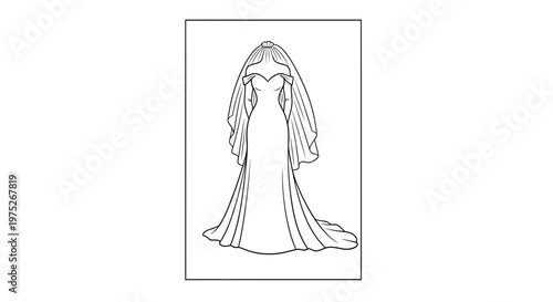 Elegant Wedding Dress Sketch with Veil, Bridal Gown Fashion Design Illustration