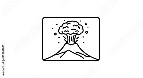 Exploding Volcano Icon: Lava, Ash Cloud, and Eruption in Simple Line Art Style