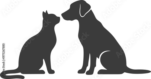 Simple black silhouette of a cat and a dog sitting facing each other isolated on a clean white background vector.eps