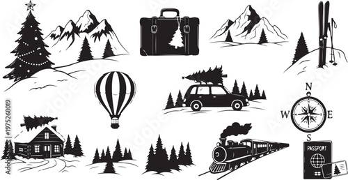 Travel and adventure icons in black and white style