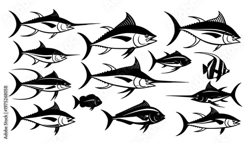 Dynamic marine fish silhouettes in motion tuna swordfish reef fish vector set isolated on white background