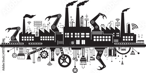 Industrial factory with smokestacks and mechanical components illustration design