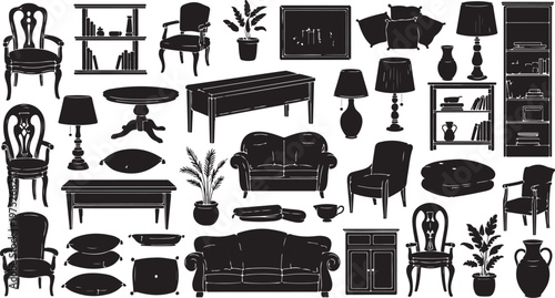 Collection of home furniture and decor items in black