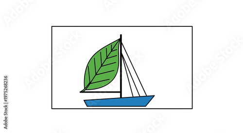 Eco-friendly sailboat with green leaf sail on blue water, concept of nature and sustainability