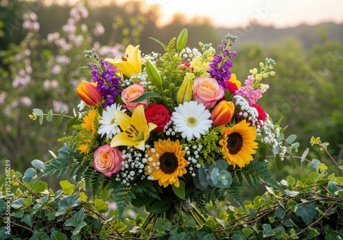 Colorful flowers bouquet in a green field at sunset