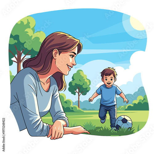 Smiling mother watches her young son playing with a soccer ball in the park during a bright summer day illustration