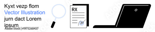 Data analysis, medical records, online research, prescription management, technology, document verification. Magnifying glass, document and laptop icon. Data analysis and medical records concepts