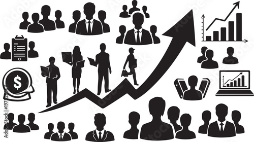 Business Growth Concept with People and Financial Icons Rising
