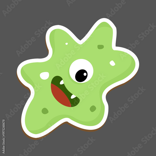 Cute cartoon germ or bacteria character sticker. Hand drawn friendly microorganism monster for health or biology project. Isolated vector mascot