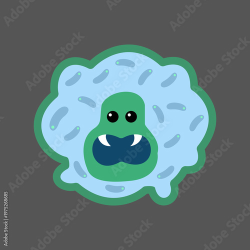Cute cartoon germ or bacteria character sticker. Hand drawn friendly microorganism monster for health or biology project. Isolated vector mascot