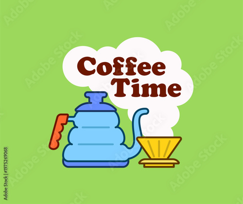 Coffee brewing illustration with kettle and dripper and coffee time text. perfect for cafe branding, beverage themes, morning routine, and barista concepts cute cartoon