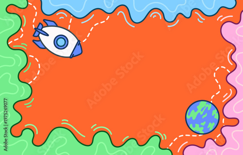 Fun cartoon space background with rocket flying around earth and abstract shapes. ideal for kids design, sci fi themes, posters, and playful creative layouts.