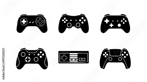 Video game controller icon set, black gaming joystick vector silhouettes, collection of 6 gamepads for console and pc gaming interfaces