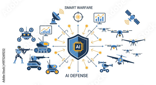 AI Defense System and Smart Warfare Concept with Military Drones, Robots, and Cyber Security Technology Illustration