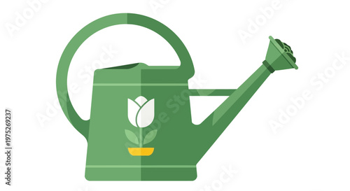 Green watering can with tulip illustration for garden and plant care