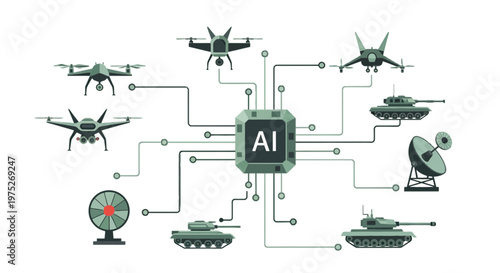 Military AI Concept Illustration Connecting Drones, Tanks, and Radar Systems in an Automated Digital Defense Network.