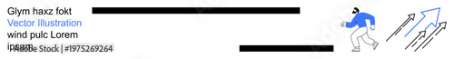 Progress, determination, growth, goal-setting, motivation, movement. A running person next to upward arrows goals and progress. Progress and determination visualization