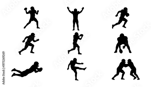 American football player silhouettes set, 10 athletic sports vector elements. Professional football action poses, black athlete figures on white background
