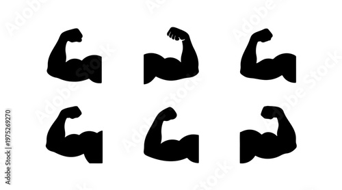 Strong bicep muscle arm silhouettes, set of 6 flexed arm icons, black muscular arm vector graphics for fitness and bodybuilding branding