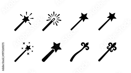 Magic wand icon set, black silhouette wizard wands with stars and sparkles, 8 vector magic wand elements for graphic design and UI