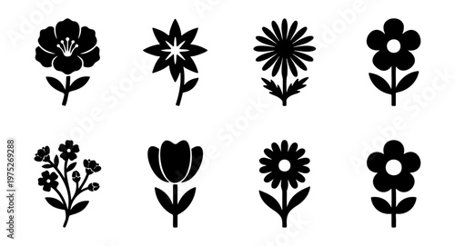 Minimalist black flower icons set, collection of 8 floral vector silhouettes, simple botanical blossom symbols for logo design and web UI