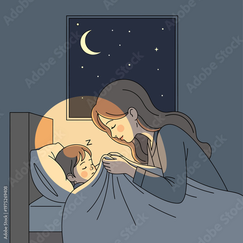Caring mother tucking her young child into bed at night in this simple flat vector graphic style illustration design