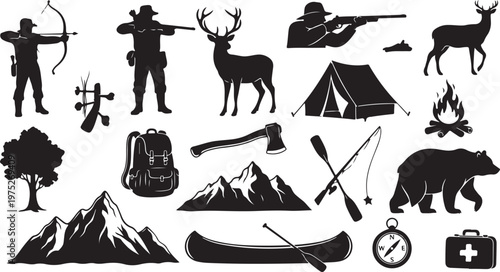 Camping and Hunting Icons in Black Silhouette Style Isolated