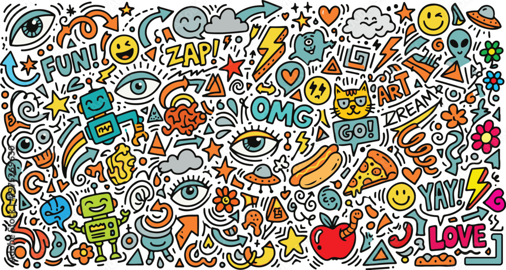 Naklejka premium Colorful Chaotic Doodle Art Background with Fun Cartoon Elements on Black
