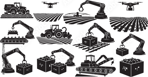 Industrial farming and construction equipment vector illustrations set