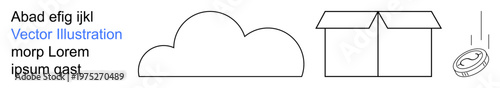 Data storage, e-commerce shipping, cloud computing, digital finance, transaction accuracy, and savings. a cloud, an open shipping box and a coin dropping. Cloud computing and e-commerce shipping