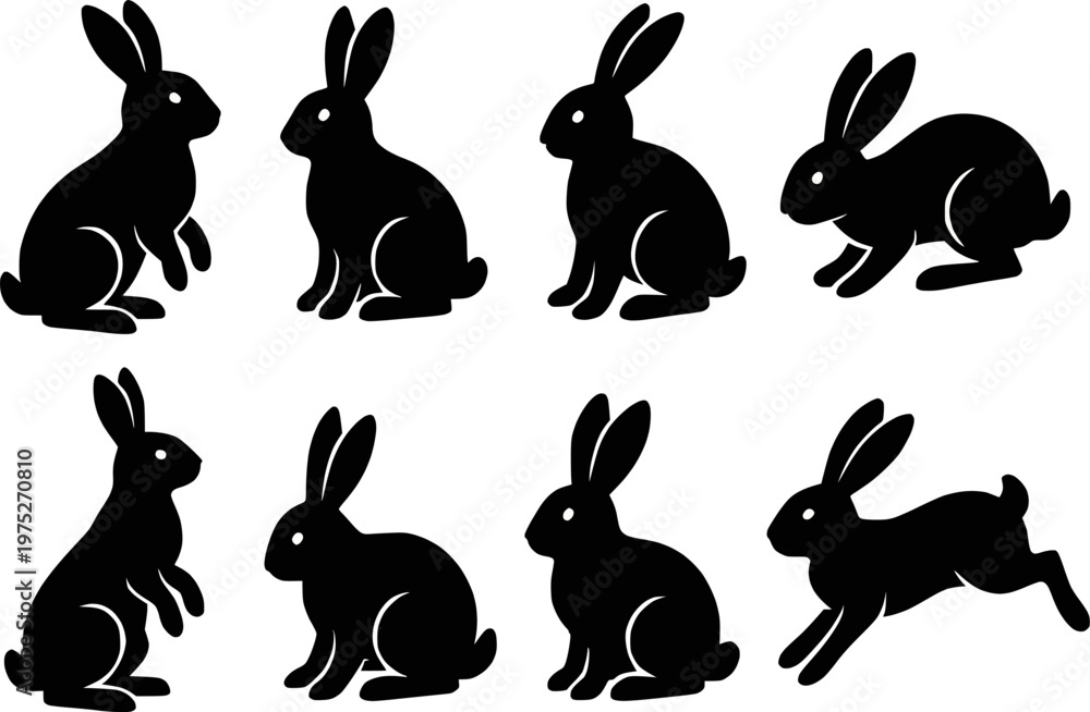Fototapeta premium Rabbit multiple poses silhouette vector illustration set
