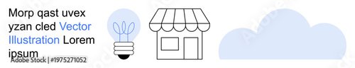 Business concepts, innovation, cloud computing, entrepreneurship, technology systems, graphic design. Minimalist icons of a shopfront, lightbulb and cloud. Business and innovation concepts